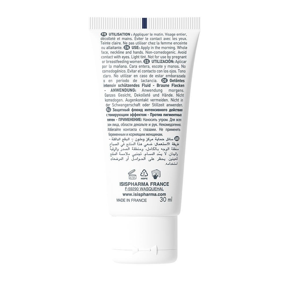 Dos du tube blanc. Texte multilingue. Contient des informations sur l'utilisation et les ingrédients. Marque: ISISPHARMA.