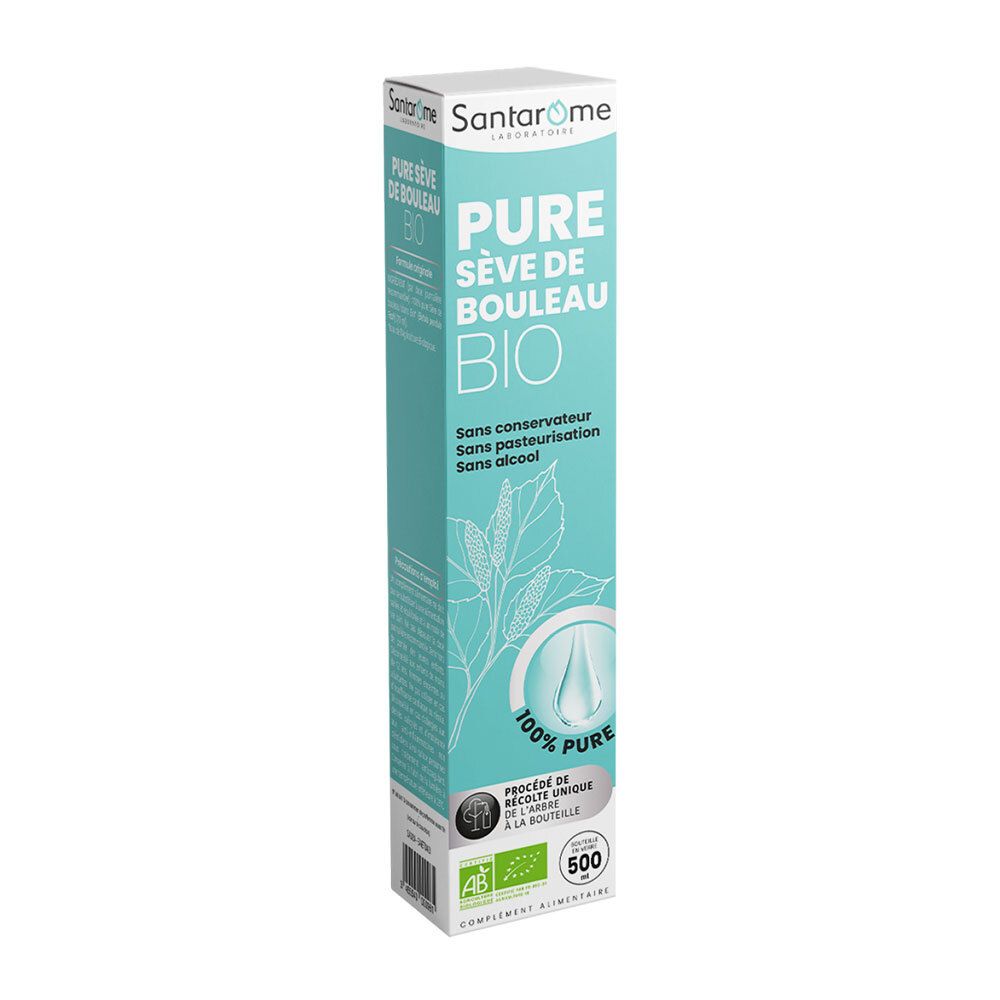 Emballage turquoise. Texte: Pure Sève de Bouleau BIO. Sans conservateur. Label bio.