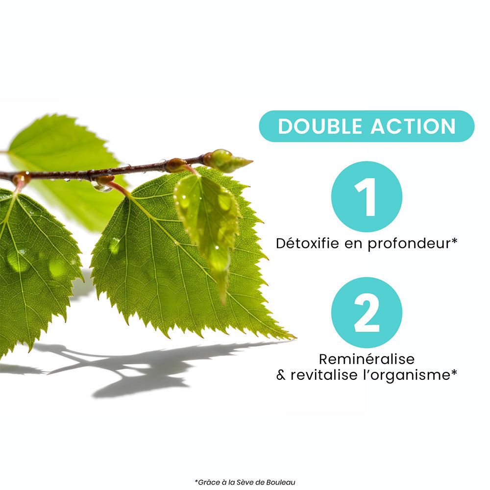 Feuilles et texte. Texte: Double Action. 1. Détoxifie. 2. Reminéralise & revitalise.