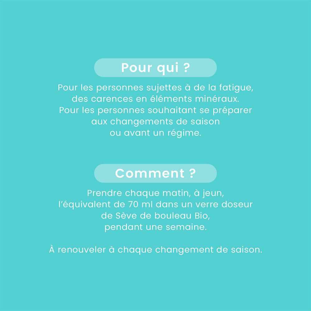 Texte. Pour qui? Fatigue, carences minérales. Comment? 70 ml par jour, à jeun, une semaine.