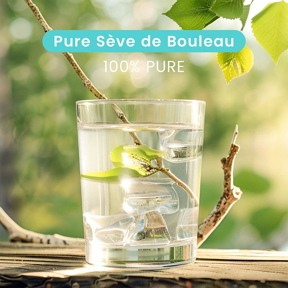Verre avec liquide, feuilles et branche. Texte: Pure Sève de Bouleau. 100% Pure.