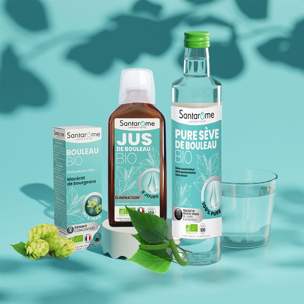 Trois produits. Texte: Pure Sève de Bouleau BIO, Jus de Bouleau BIO, Bouleau BIO.