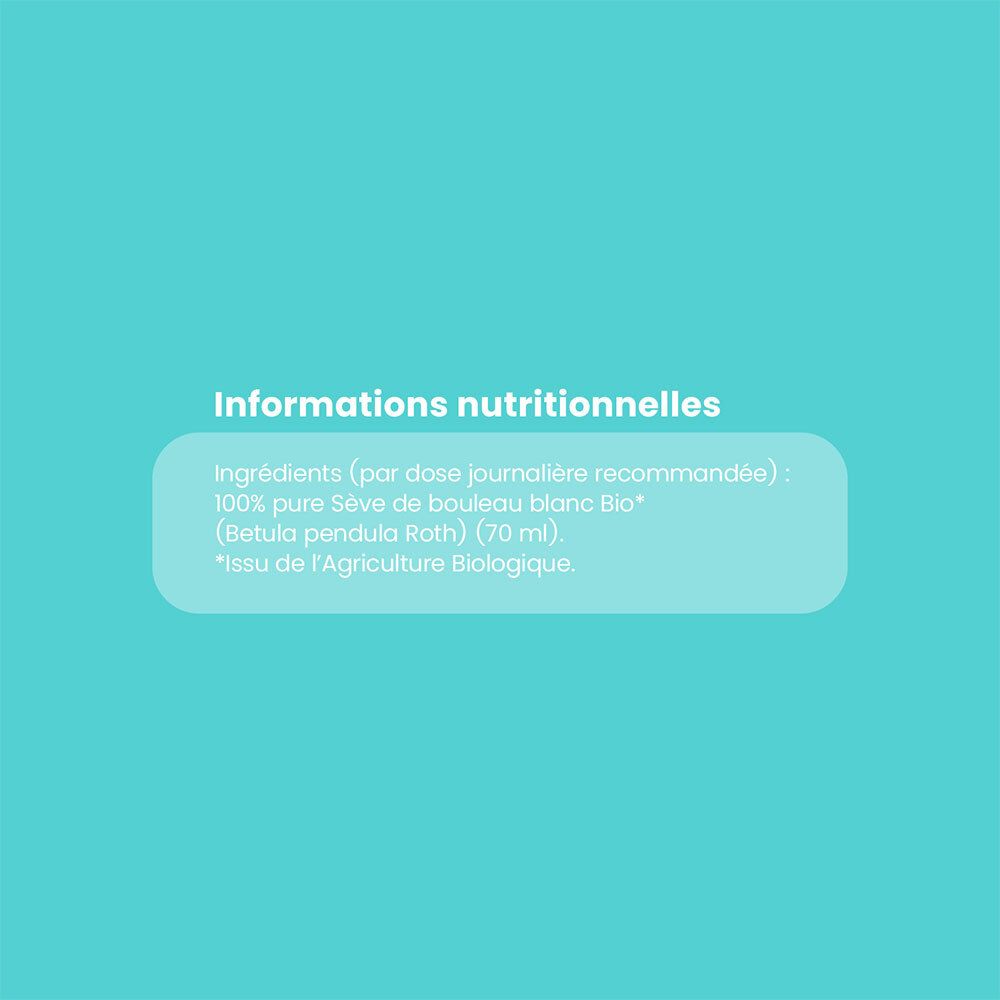 Texte. Informations nutritionnelles. Ingrédients: 100% pure Sève de bouleau blanc Bio.