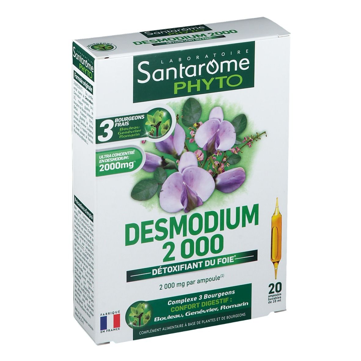 Boîte de Santarome Bio Desmodium 2000. 20 ampoules. Inscription: 2000 mg par ampoule. Avec 3 bourgeons frais.