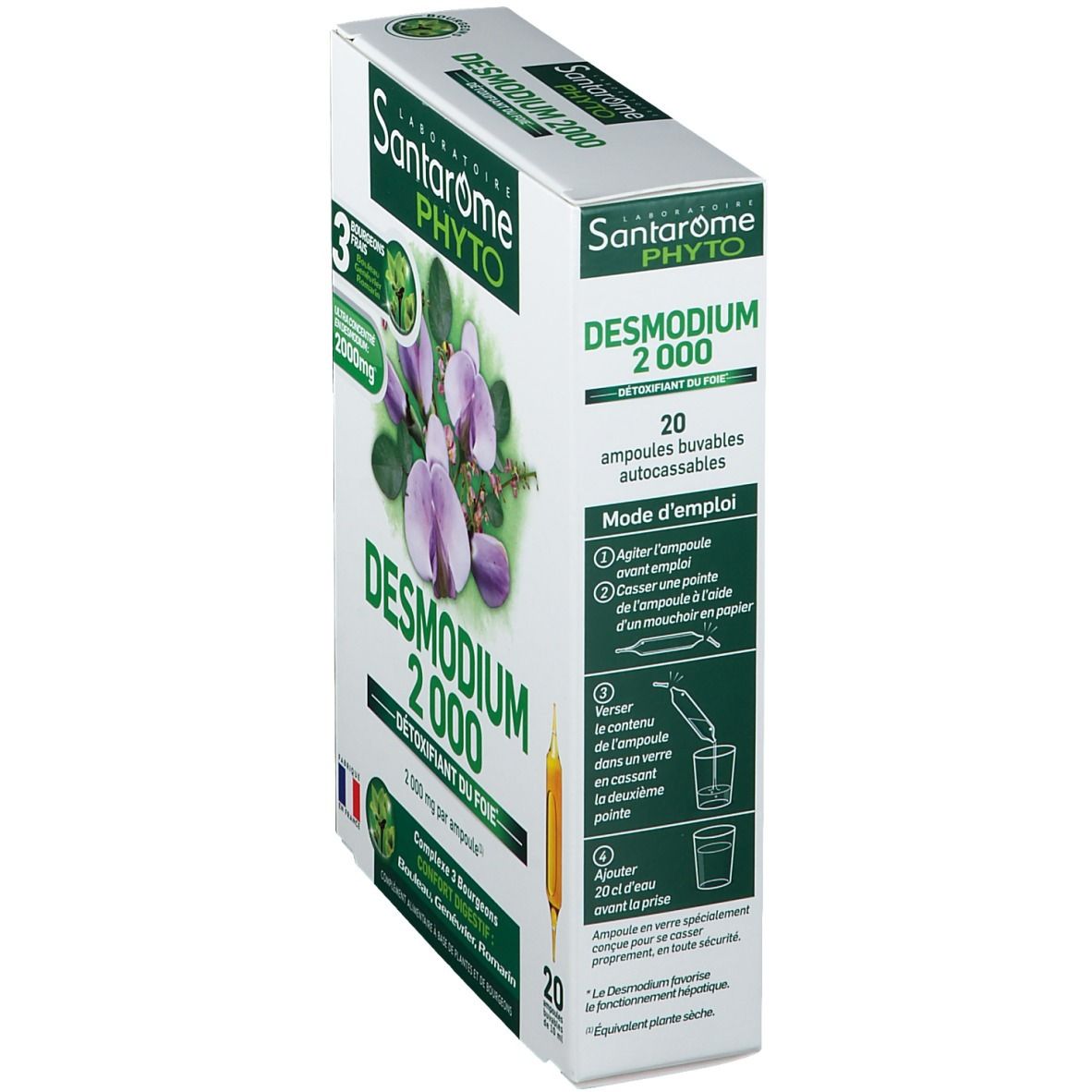 Boîte Santarome Bio Desmodium 2000. 20 ampoules buvables. Mode d'emploi. Avec 3 bourgeons frais.