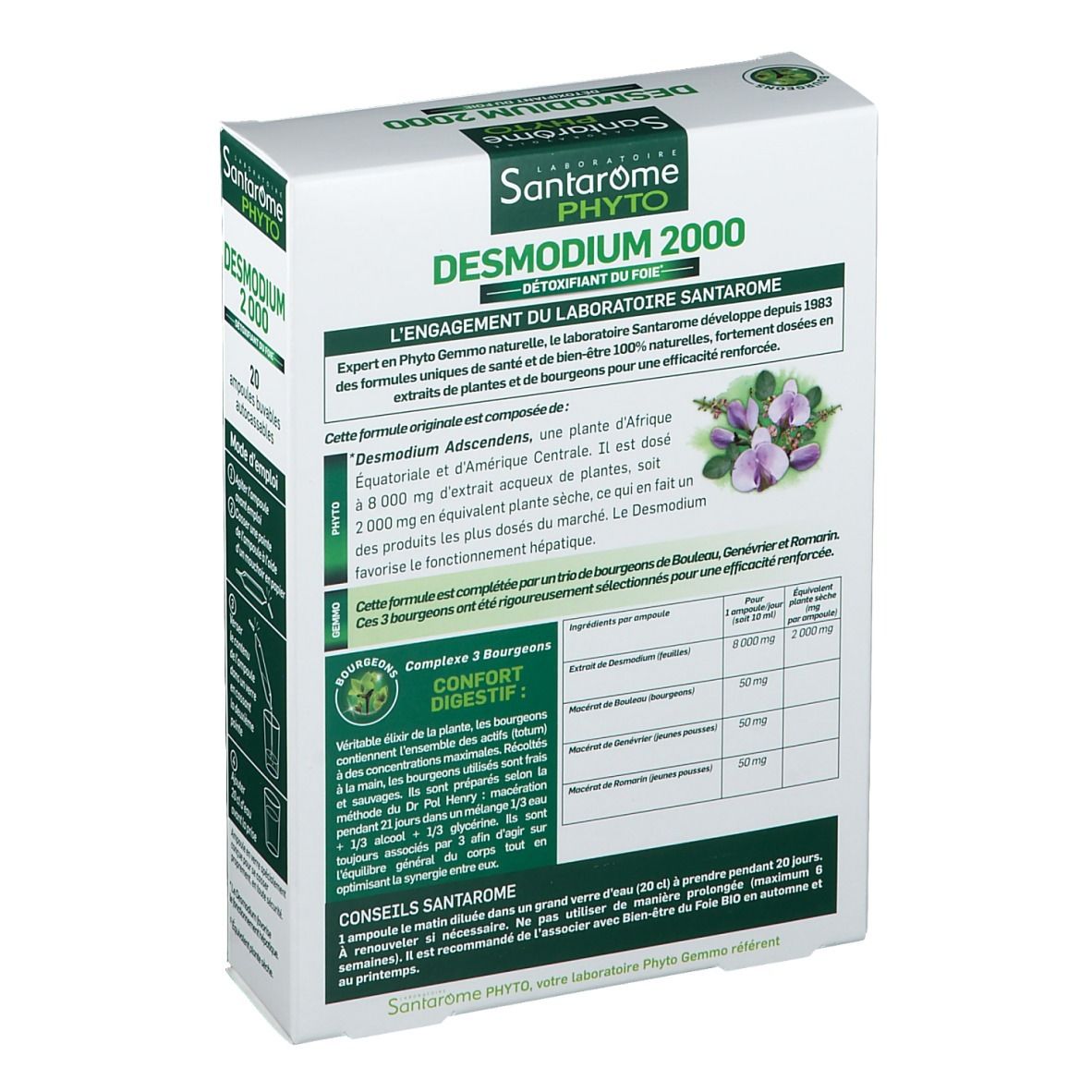 Dos de la boîte Santarome Bio Desmodium 2000. Composition, conseils d'utilisation. Avec 3 bourgeons frais.