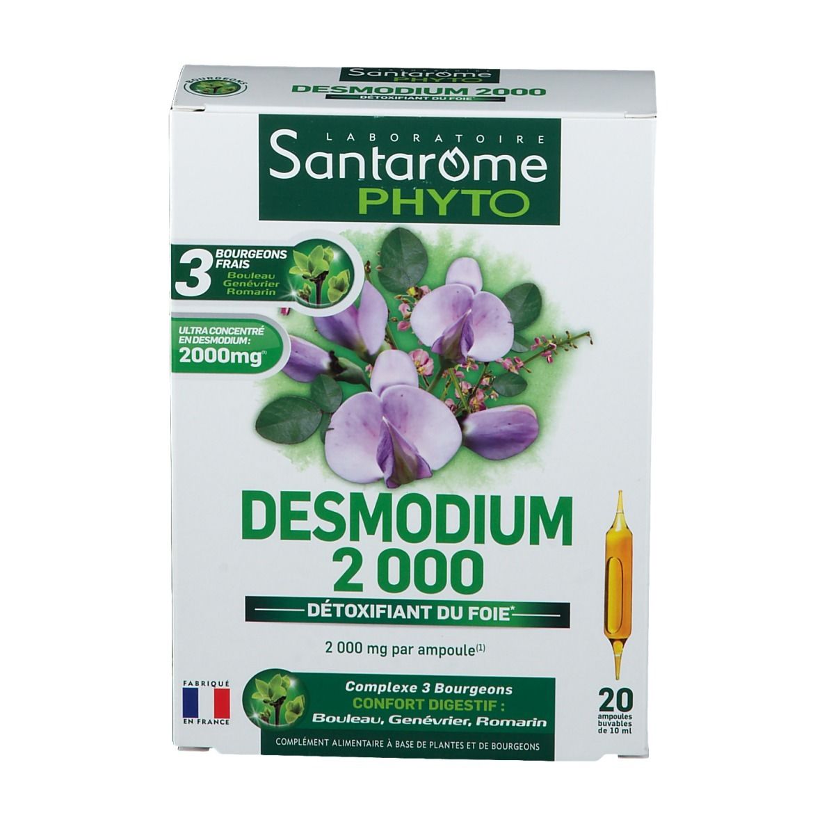 Boîte Santarome Bio Desmodium 2000. 20 ampoules. Inscription: 2000 mg par ampoule. Avec 3 bourgeons frais.