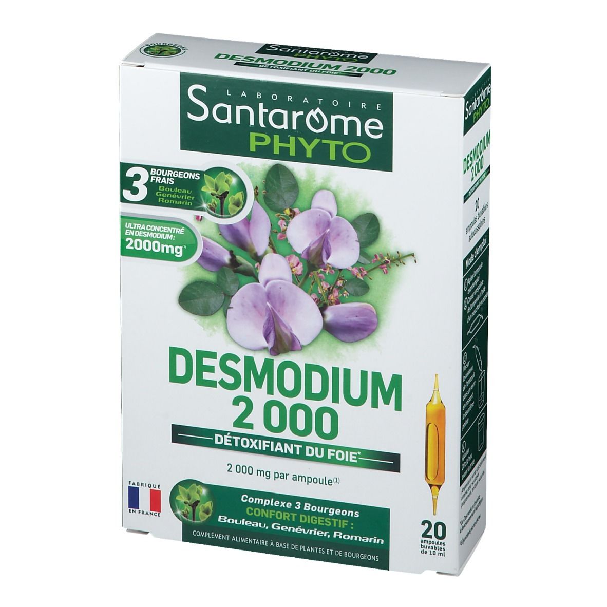 Boîte Santarome Bio Desmodium 2000. 20 ampoules. Inscription: 2000 mg par ampoule. Avec 3 bourgeons frais.