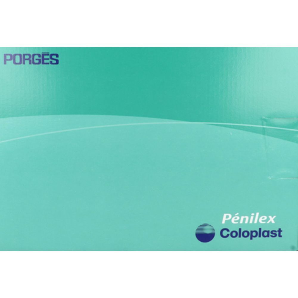 Emballage turquoise avec texte blanc. "PORGES" en haut à gauche. "Pénilex Coloplast" en bas à droite.