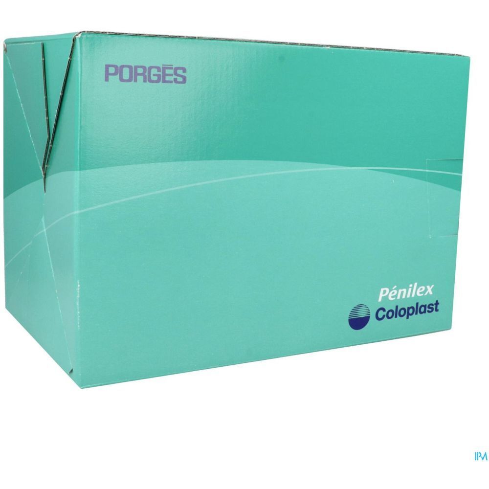 Boîte turquoise avec texte blanc. "PORGES" en haut à gauche. "Pénilex Coloplast" en bas à droite.