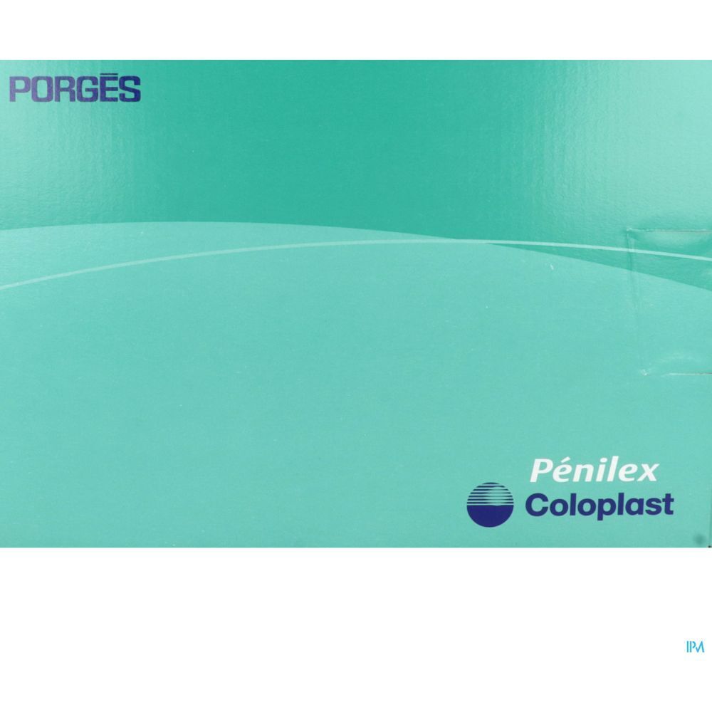 Emballage turquoise avec texte blanc. "PORGES" en haut à gauche. "Pénilex Coloplast" en bas à droite.