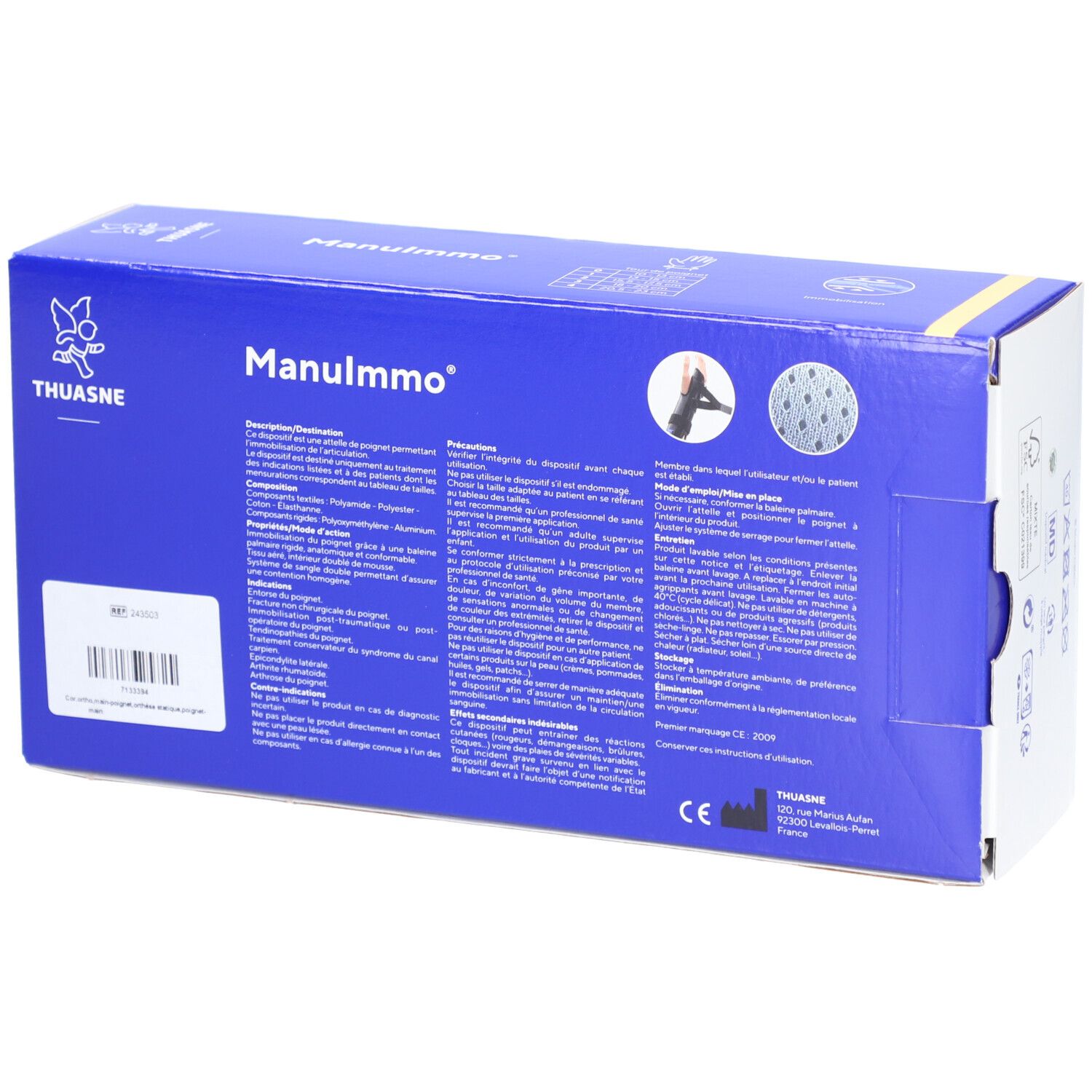 Dos de la boîte bleue Manulmmo. Texte en français. Informations sur le produit et son utilisation.