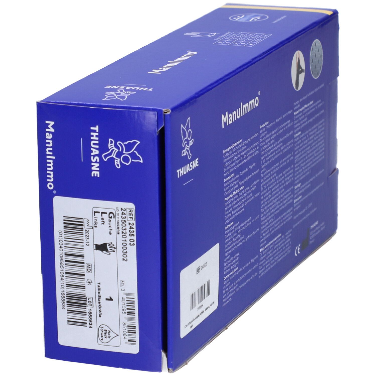 Boîte bleue Manulmmo. Nom du produit, référence, taille 1, gauche. Marquage CE.