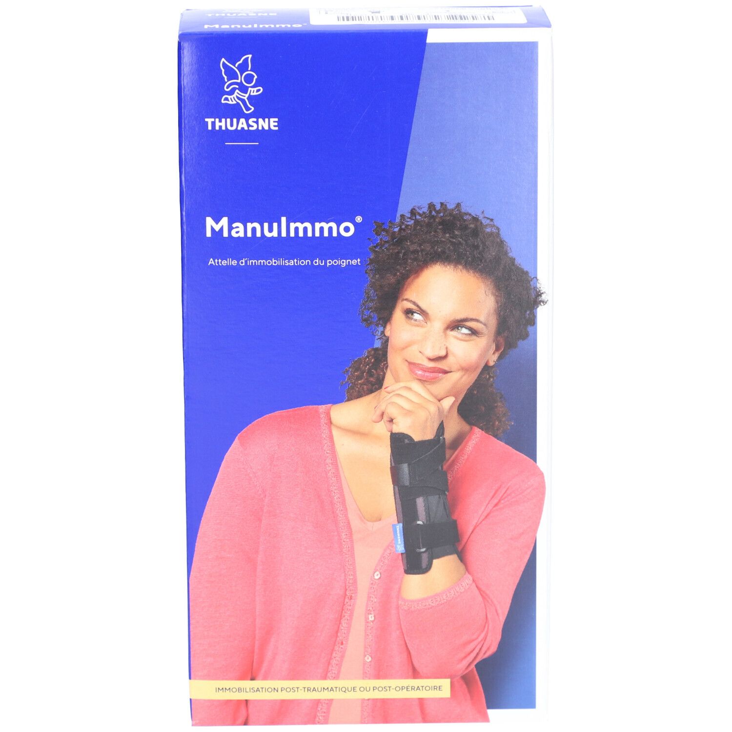 Boîte Thuasne Manulmmo. Femme avec attelle de poignet. Texte: Attelle d'immobilisation du poignet.