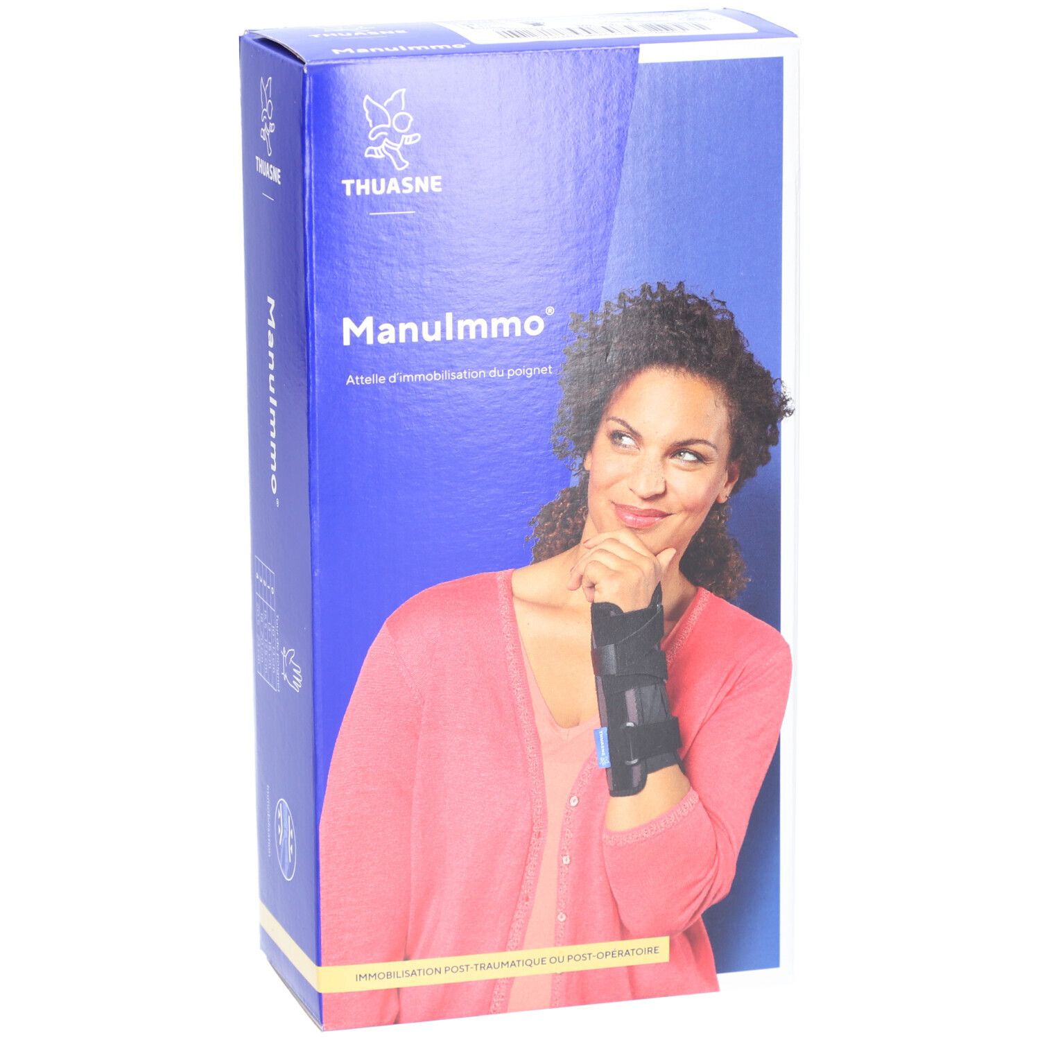 Boîte Thuasne Manulmmo. Femme avec attelle de poignet. Texte: Attelle d'immobilisation du poignet.