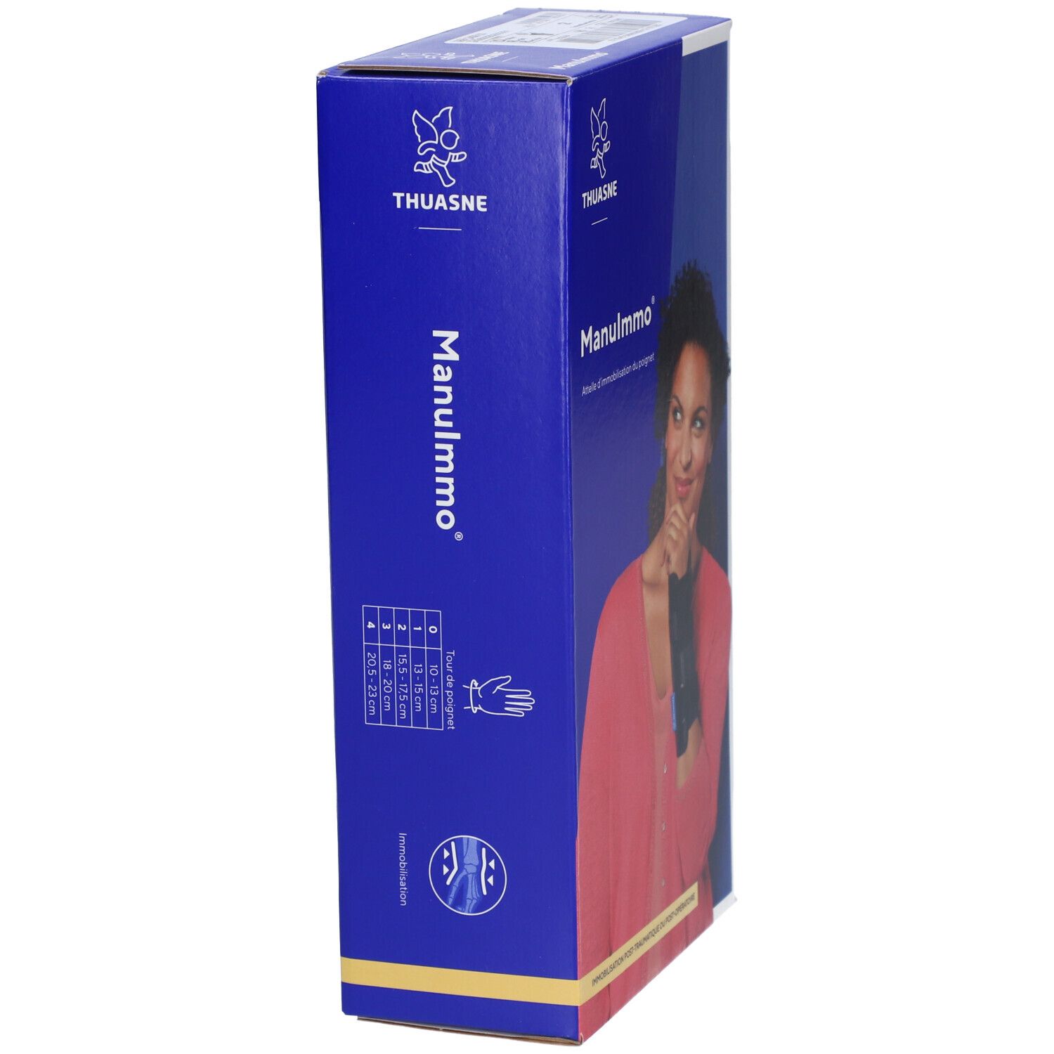 Boîte bleue de l'attelle de poignet Manulmmo de Thuasne. Vue latérale avec image du produit et tableau des tailles.