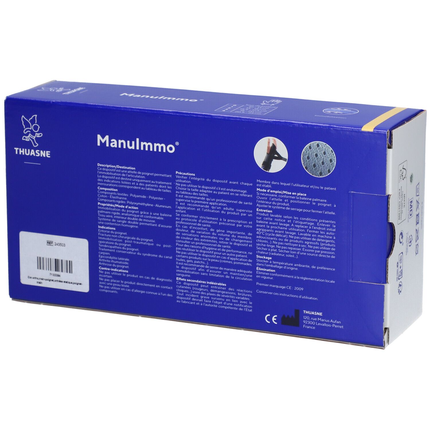 Dos de la boîte bleue de l'attelle de poignet Manulmmo de Thuasne. Texte et image du produit.