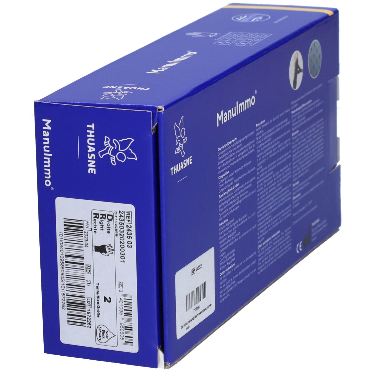 Boîte bleue de l'attelle de poignet Manulmmo de Thuasne. Vue latérale avec informations produit et indication de taille.
