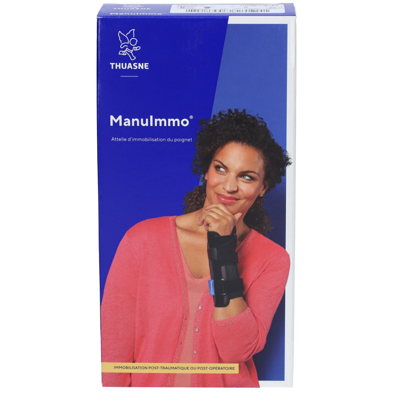 Boîte de l'attelle de poignet Manulmmo de Thuasne. Femme avec attelle. Inscription : Immobilisation post-traumatique ou post-opératoire.