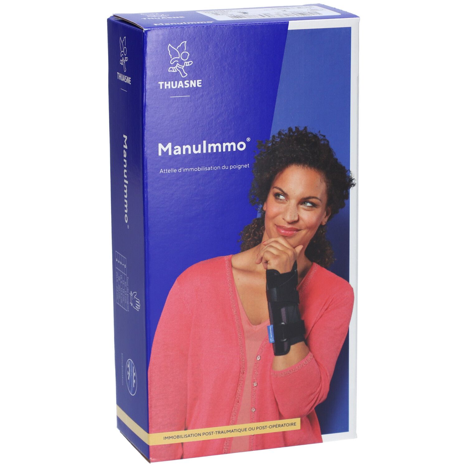 Boîte de l'attelle de poignet Manulmmo de Thuasne. Femme avec attelle. Inscription : Immobilisation post-traumatique ou post-opératoire.