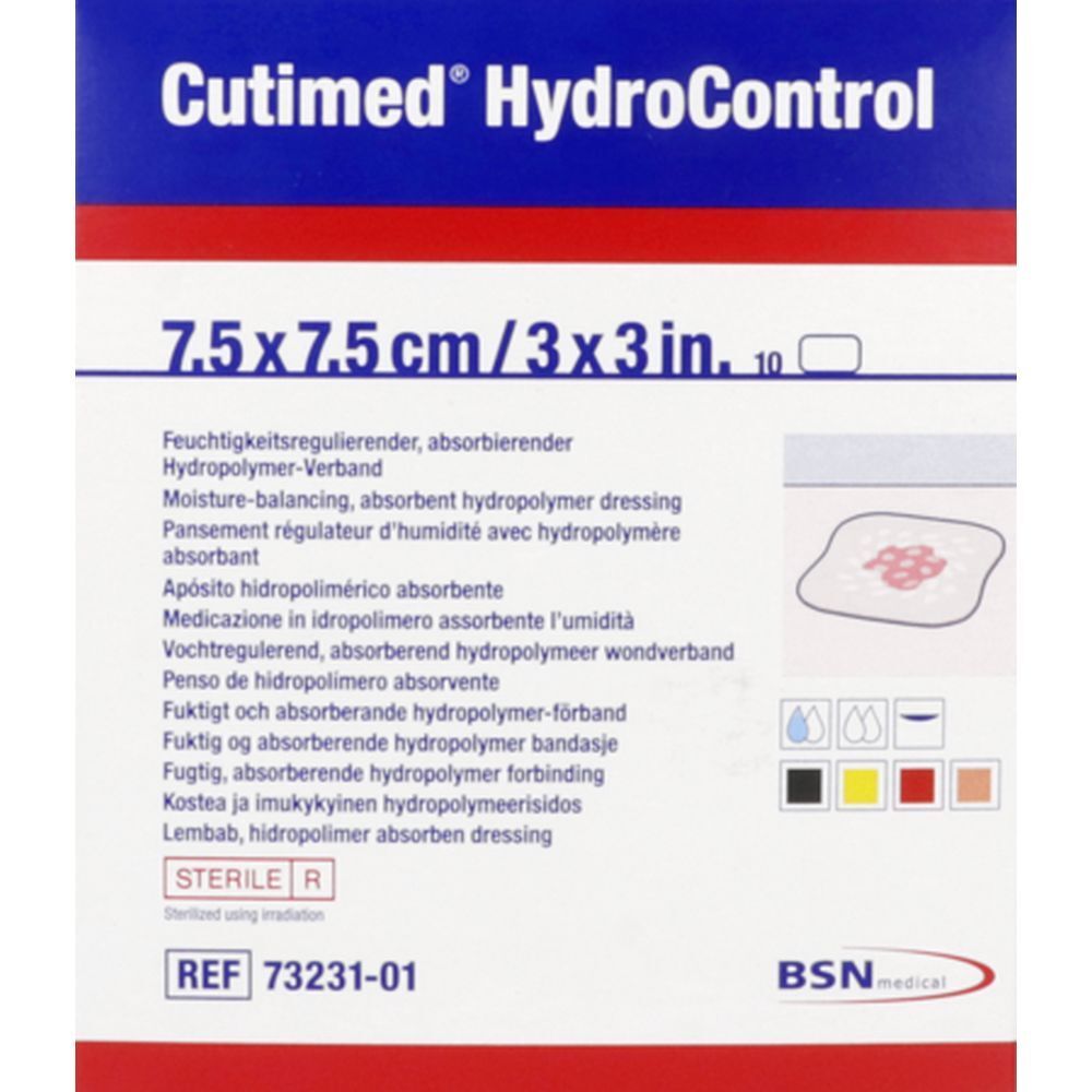 Emballage avec nom et taille du produit. Pansement stérile, 7,5x7,5 cm. Illustration du produit.