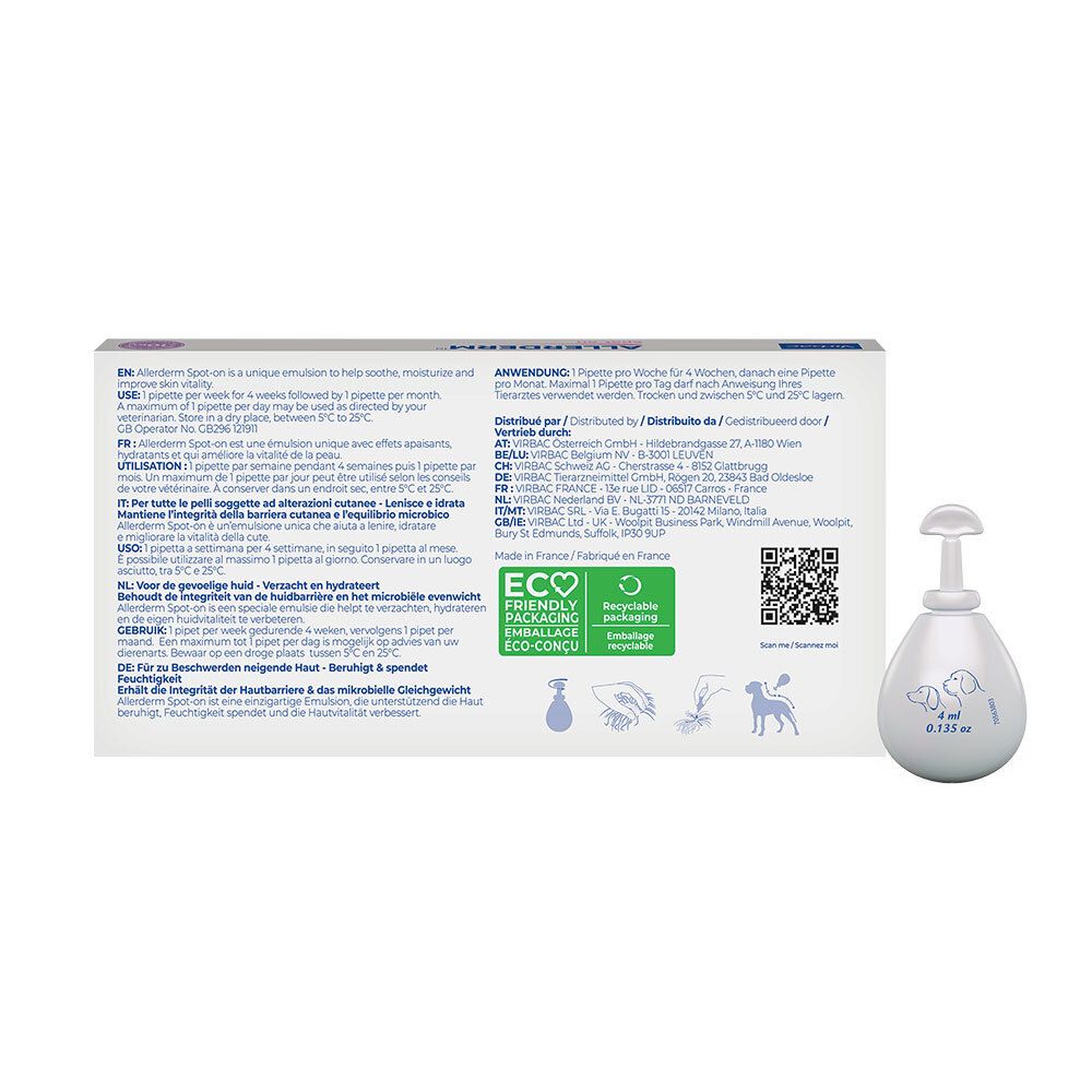 Arrière de la boîte de pipettes Virbac Allerderm Spot-on avec instructions et certification ECO.