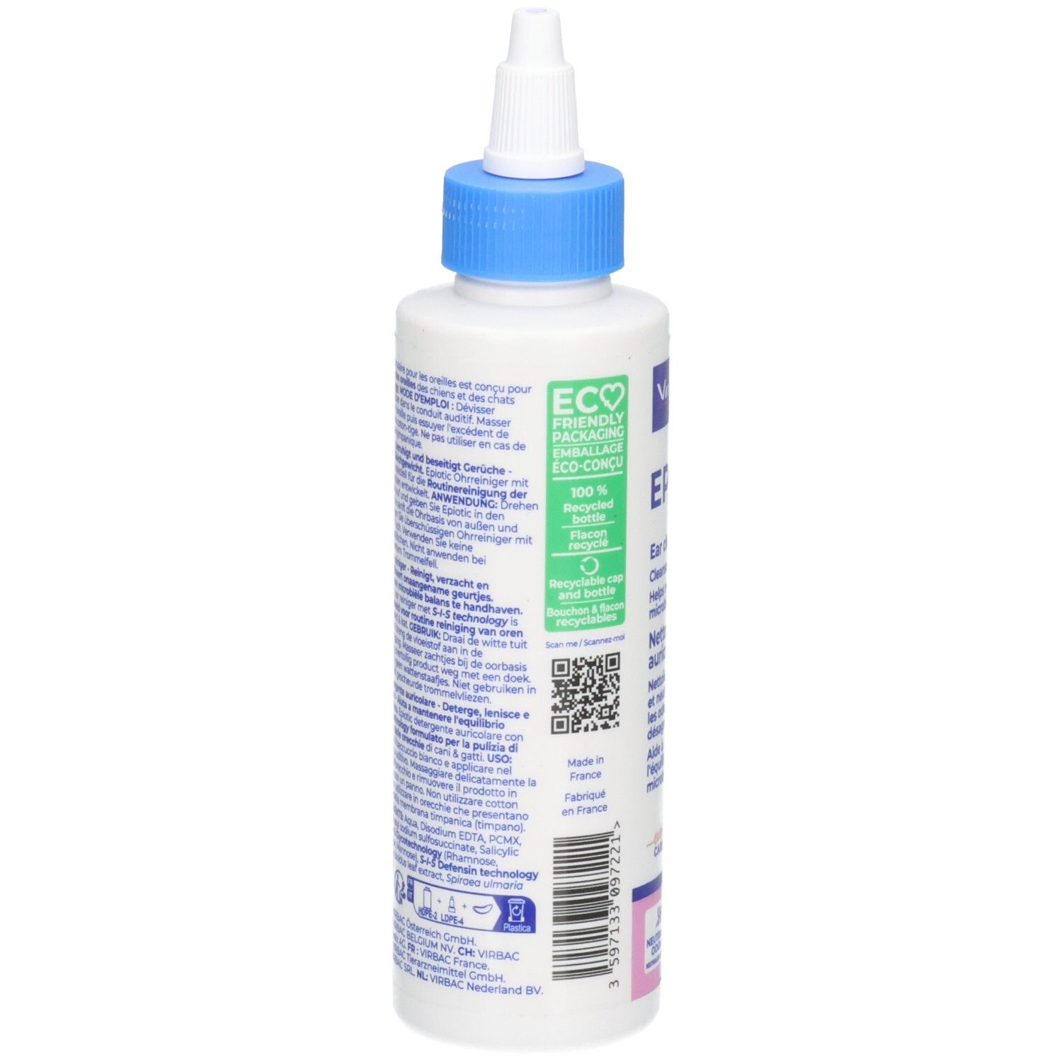 Flacon blanc avec bouchon et embout bleus. Dos avec texte et code QR. Contient un logo écologique.