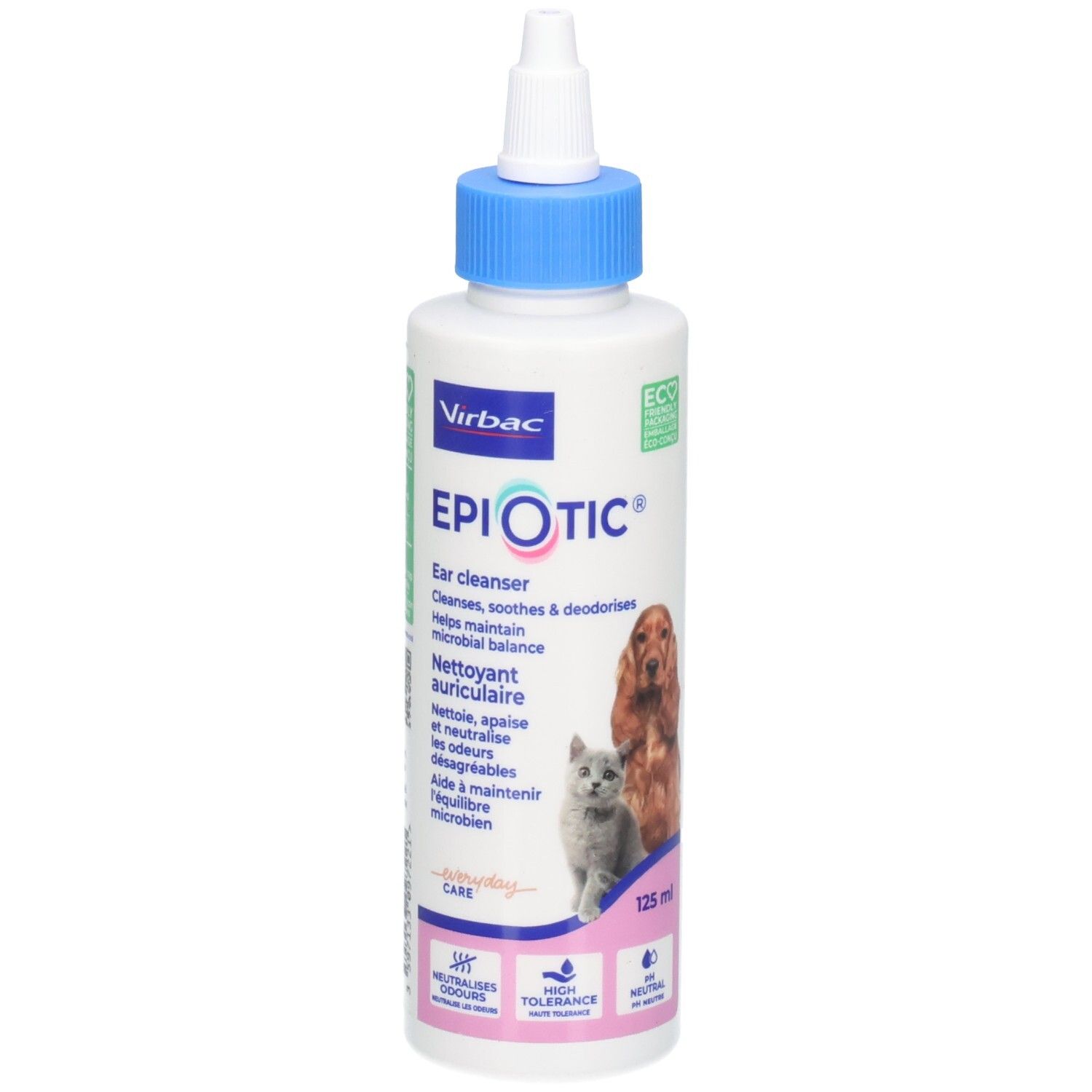 Flacon blanc avec bouchon et embout bleus. Inscription EPIOTIC, nettoyant auriculaire. Image chien et chat.