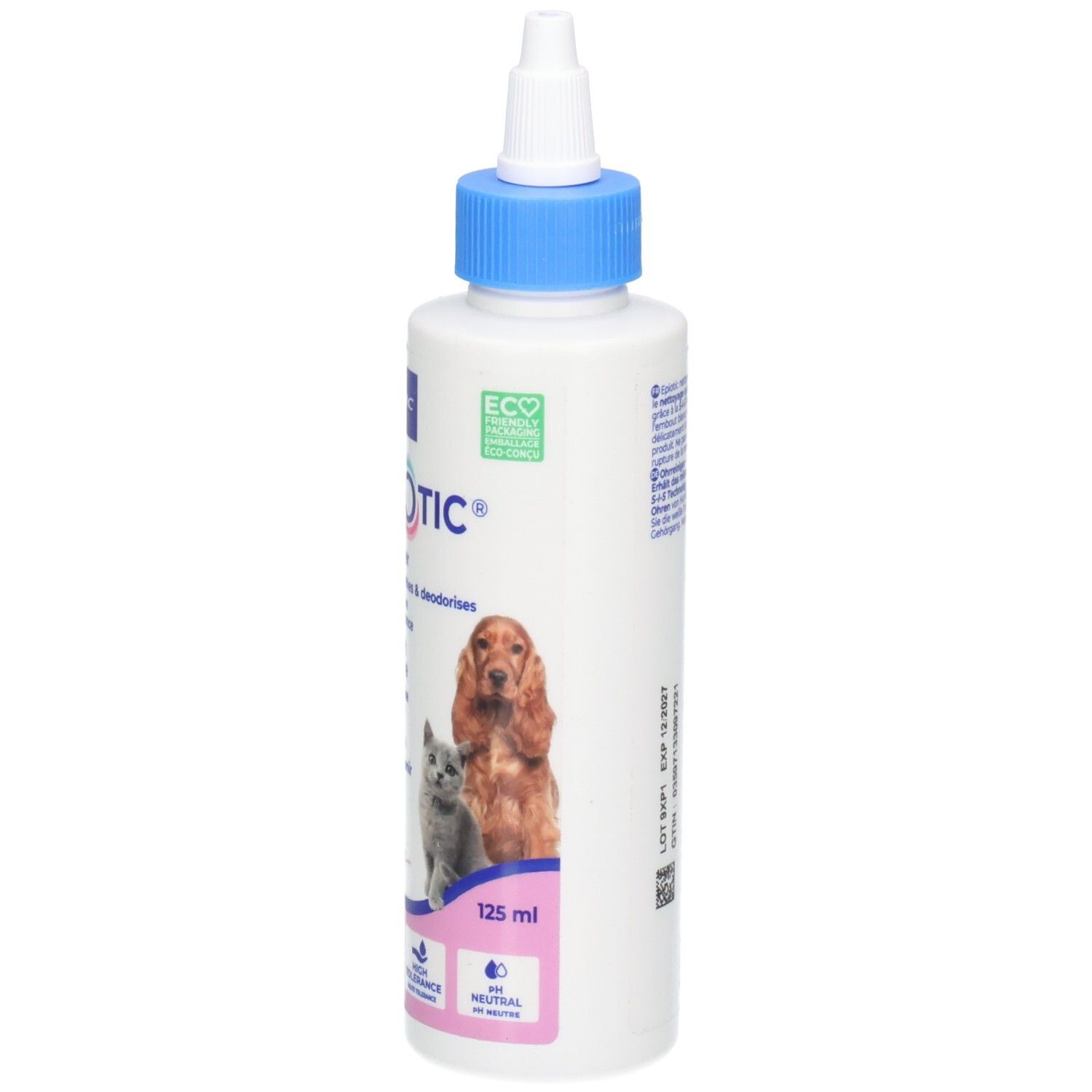 Flacon blanc avec bouchon et embout bleus. Inscription EPIOTIC, nettoyant auriculaire. Image chien et chat.