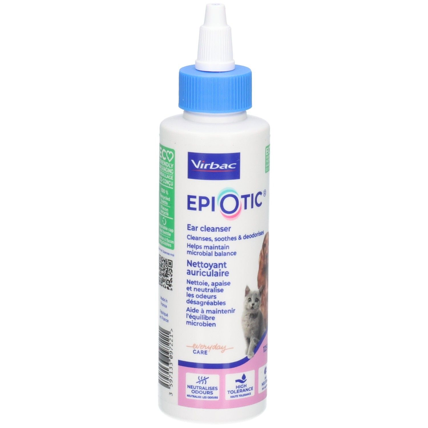 Flacon blanc avec bouchon et embout bleus. Inscription EPIOTIC, nettoyant auriculaire. Image chien et chat.