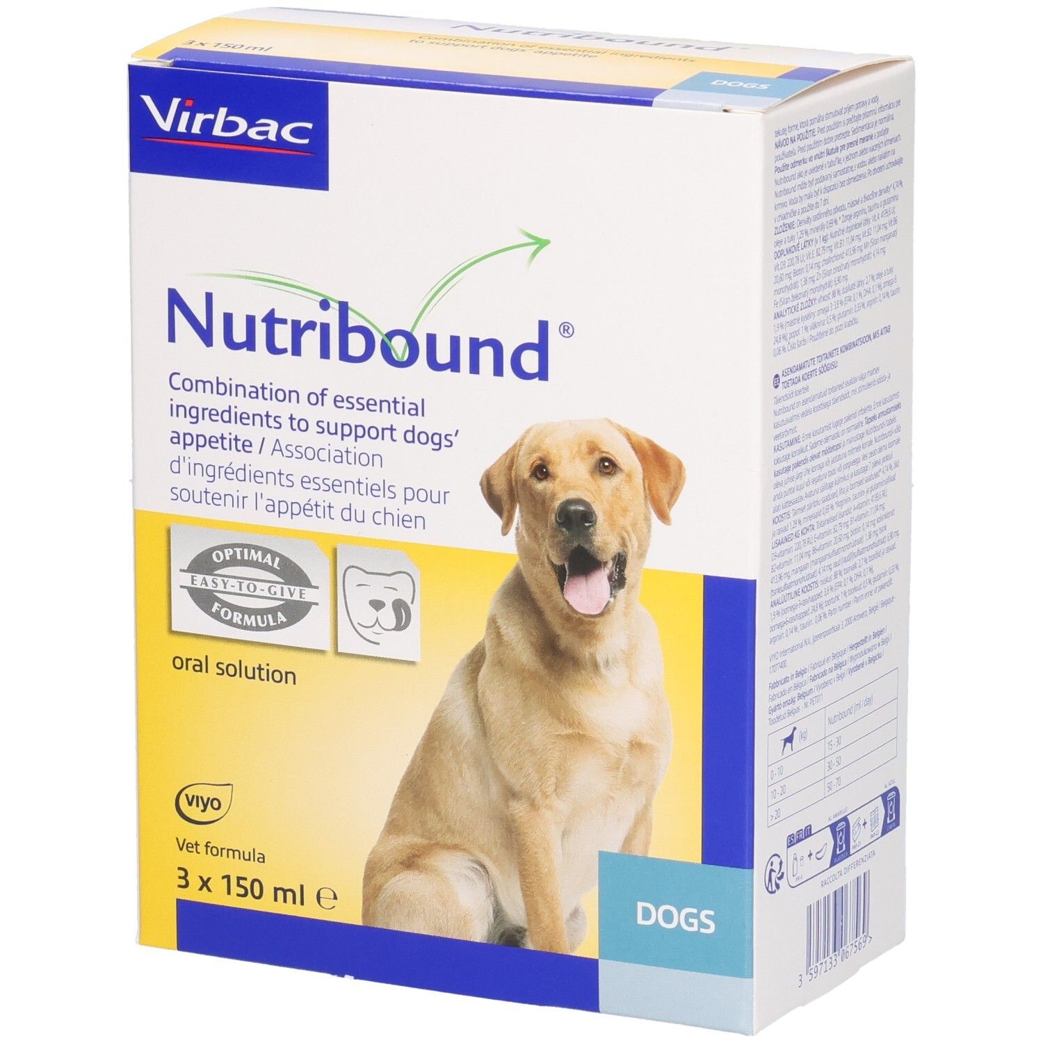 Boîte Nutribound pour chiens, marque Virbac. Design jaune et blanc avec image de chien. Contient 3x150ml.