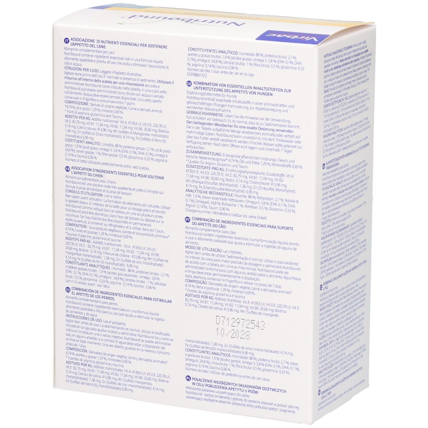Boîte Nutribound, marque Virbac. Texte et informations sur le produit. Vue arrière de l'emballage.