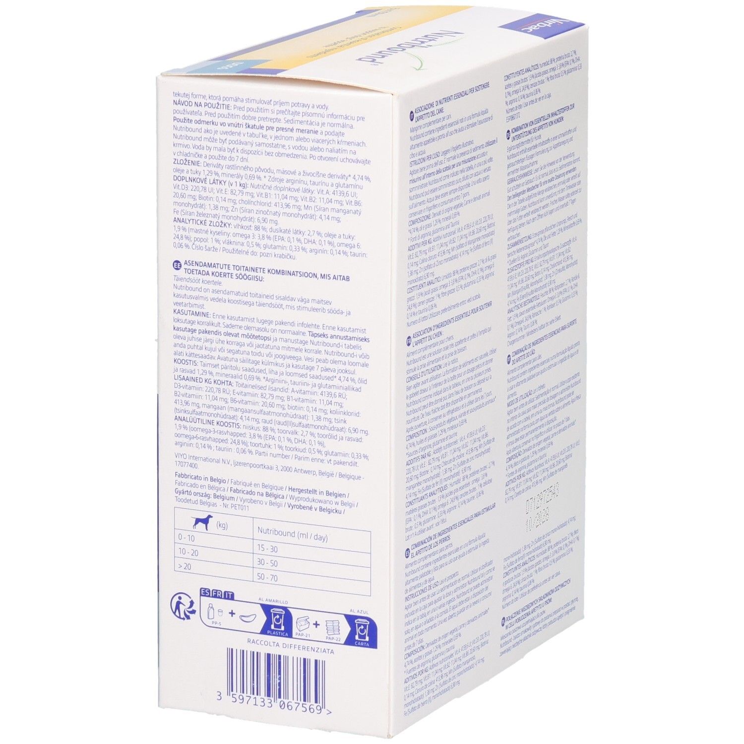 Boîte Nutribound, marque Virbac. Texte et informations sur le produit. Vue latérale de l'emballage.