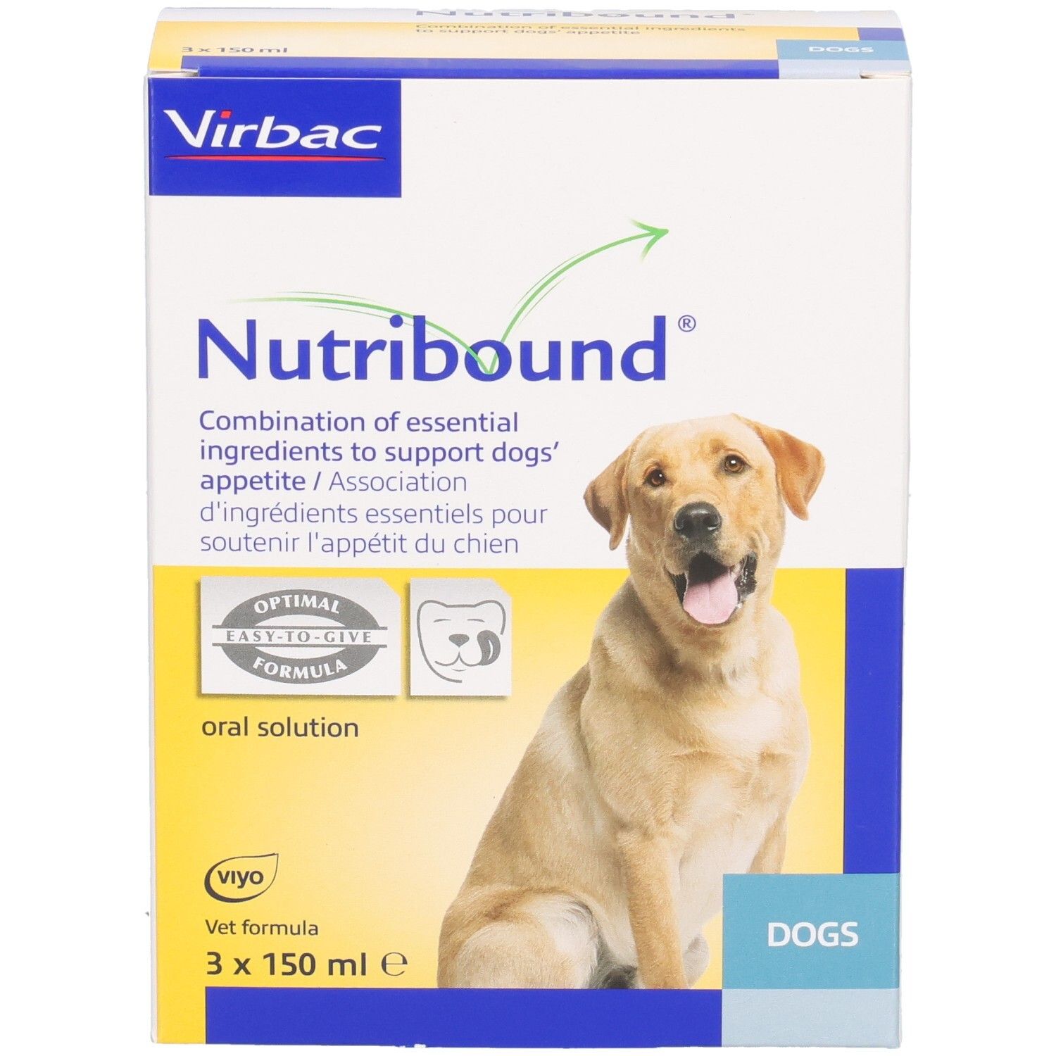 Boîte Nutribound pour chiens, marque Virbac. Design jaune et blanc avec image de chien. Contient 3x150ml.