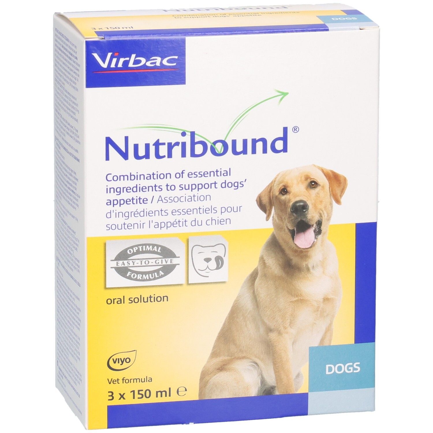 Boîte Nutribound pour chiens, marque Virbac. Design jaune et blanc avec image de chien. Contient 3x150ml.