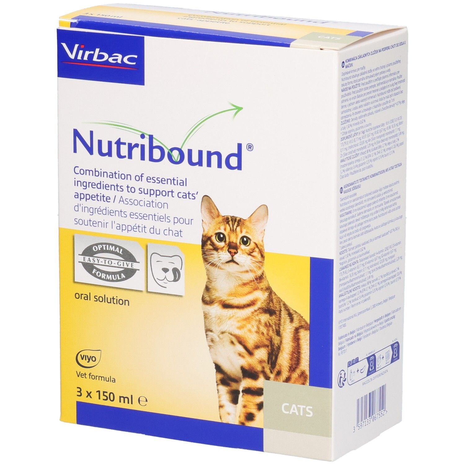 Boîte de Nutribound pour chats. Contient 3 flacons. Inscriptions : Virbac, Nutribound, chat, solution orale.
