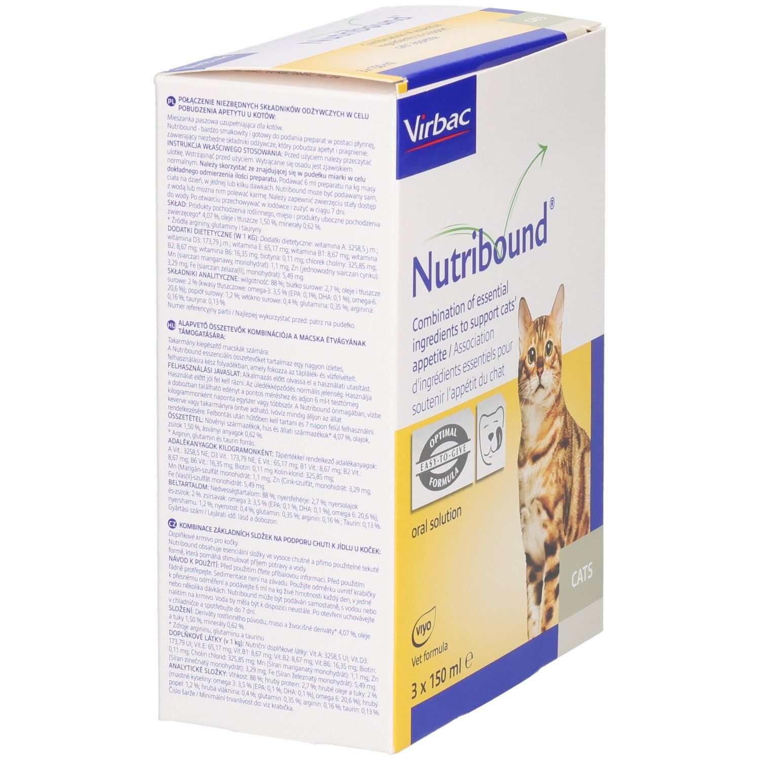 Boîte de Nutribound pour chats. Dos avec texte multilingue. Logo Virbac.