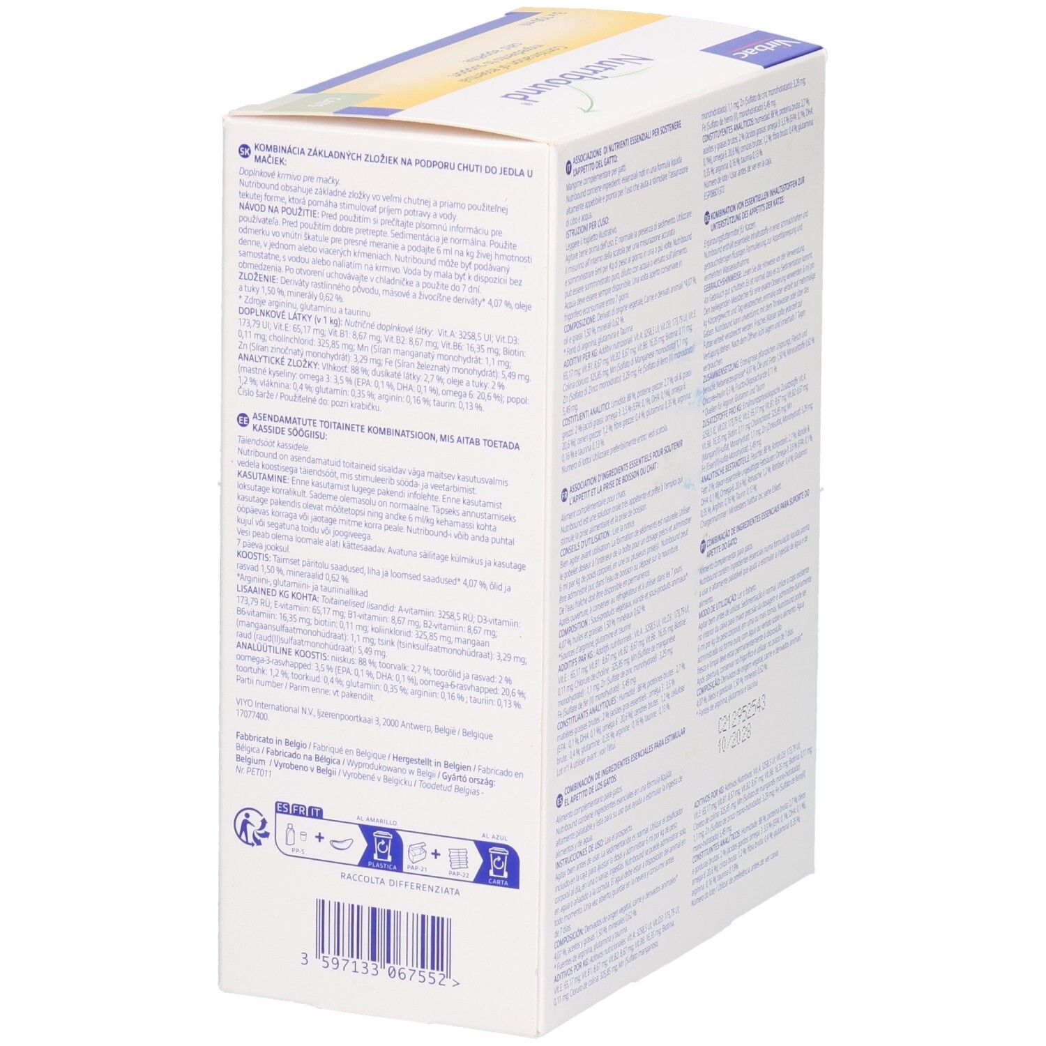 Côté de l'emballage Nutribound pour chats. Texte multilingue. Code-barres et logo.
