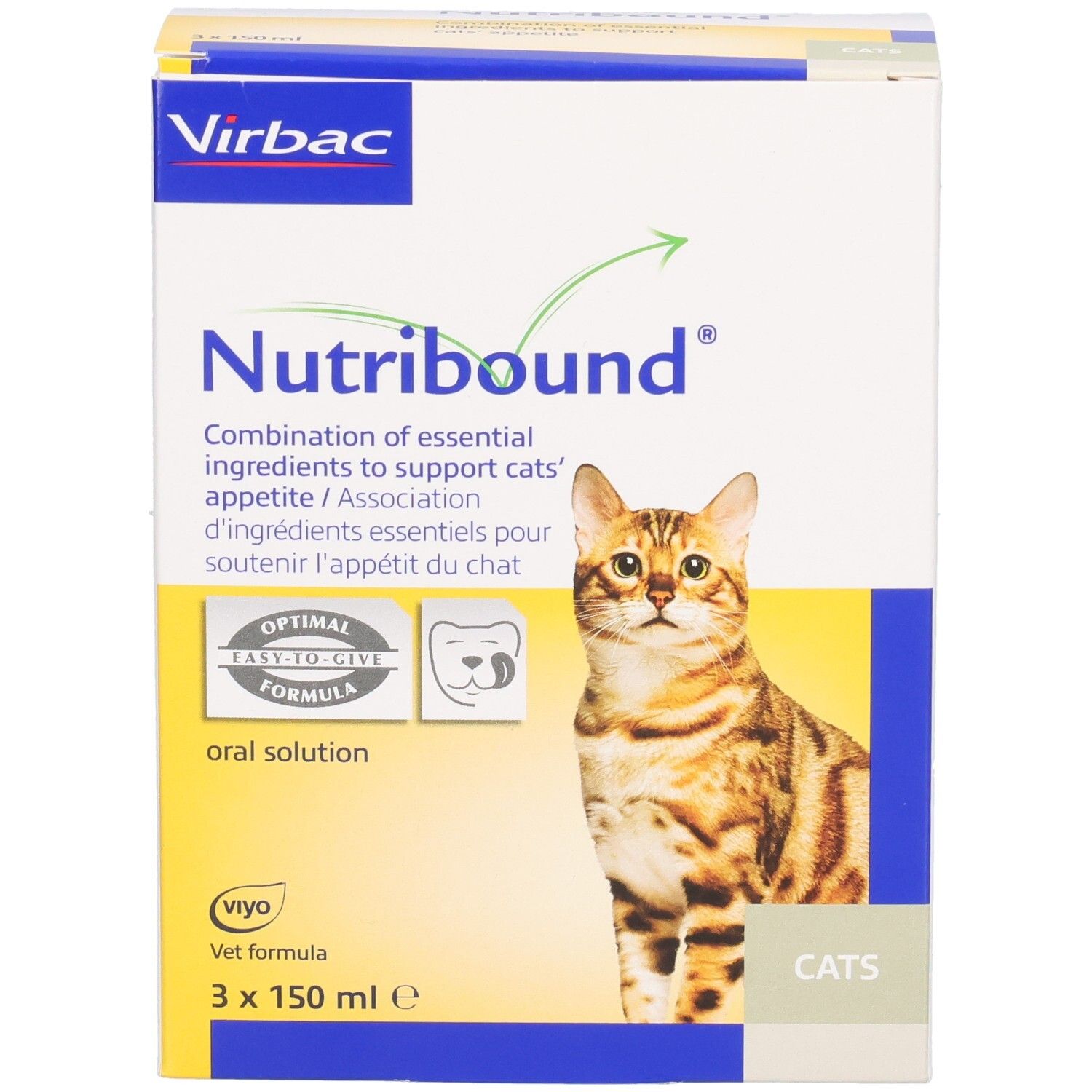 Boîte de Nutribound pour chats. Contient 3 flacons. Inscriptions : Virbac, Nutribound, chat, solution orale.