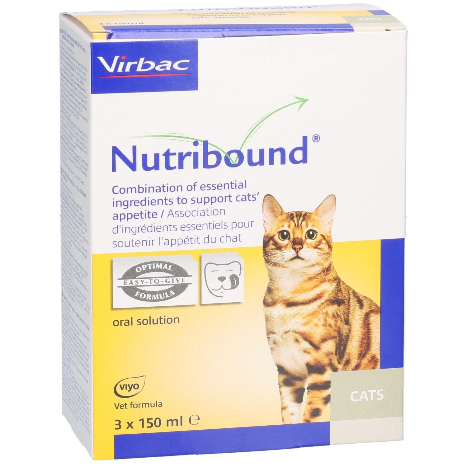 Boîte de Nutribound pour chats. Contient 3 flacons. Inscriptions : Virbac, Nutribound, chat, solution orale.