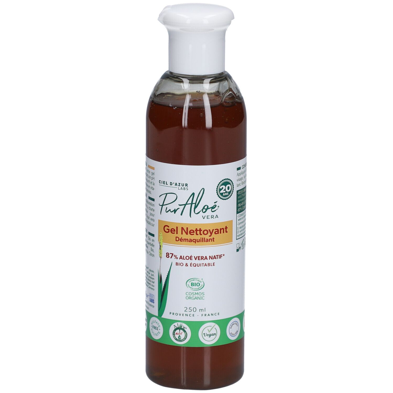 Flacon transparent avec bouchon blanc. Étiquette avec nom du produit, aloe vera et label bio. 250 ml.