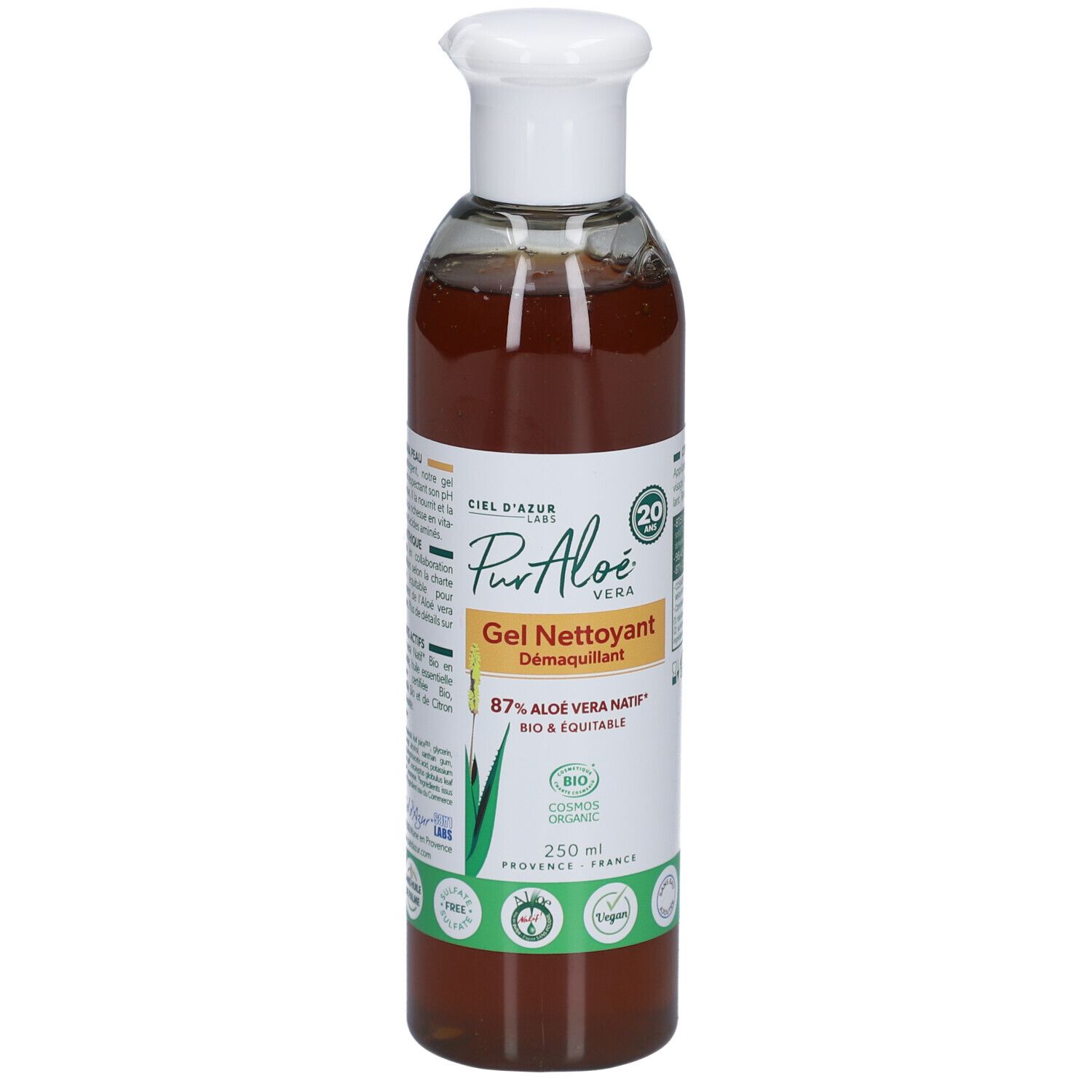 Flacon transparent avec bouchon blanc. Étiquette avec nom du produit, aloe vera et label bio. 250 ml.