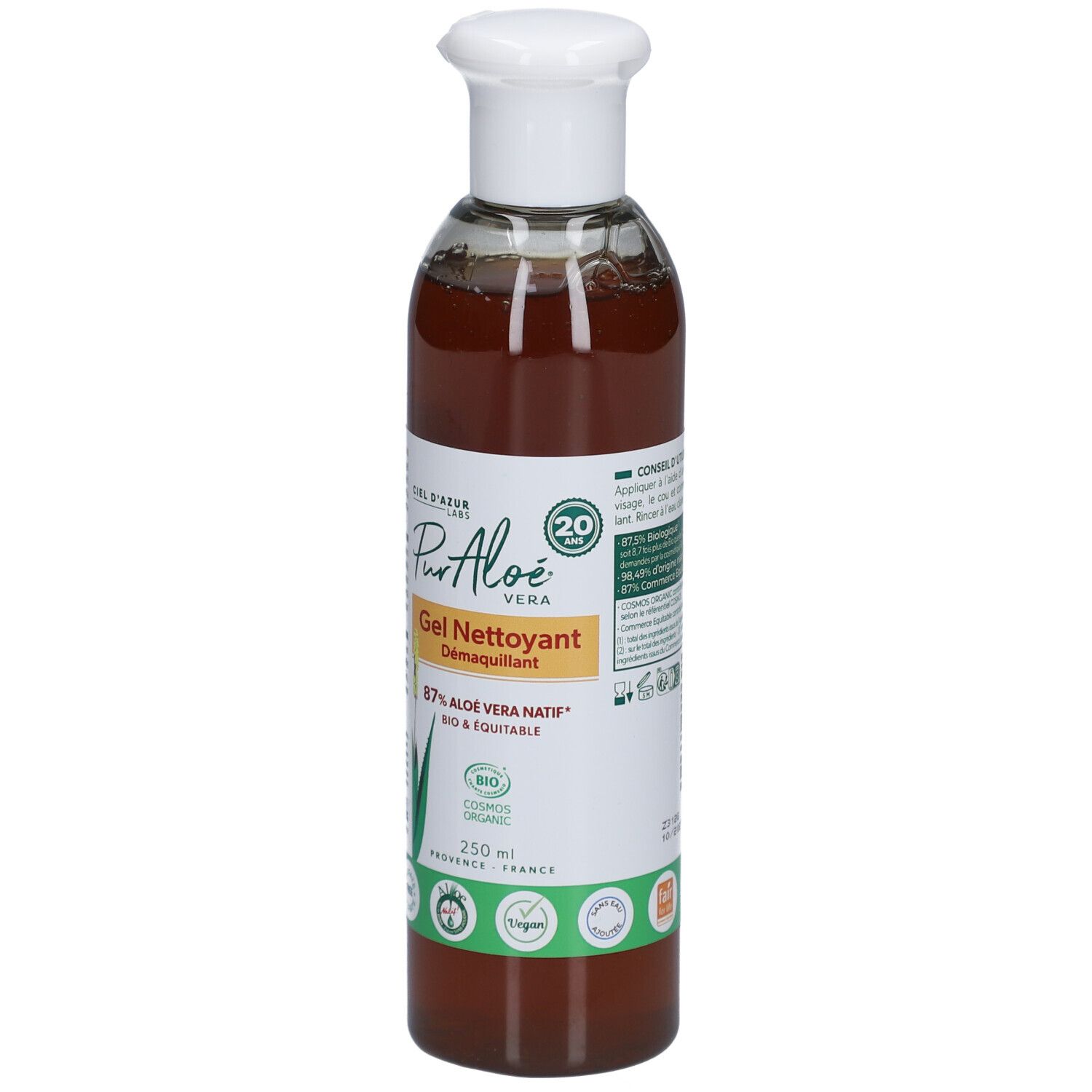 Flacon transparent avec bouchon blanc. Étiquette avec nom du produit, aloe vera et label bio. 250 ml.