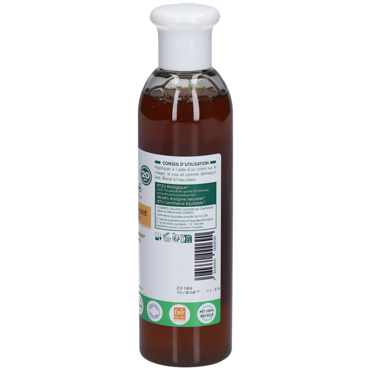 Dos du flacon. Étiquette avec informations produit, ingrédients et labels bio. Liquide transparent visible.