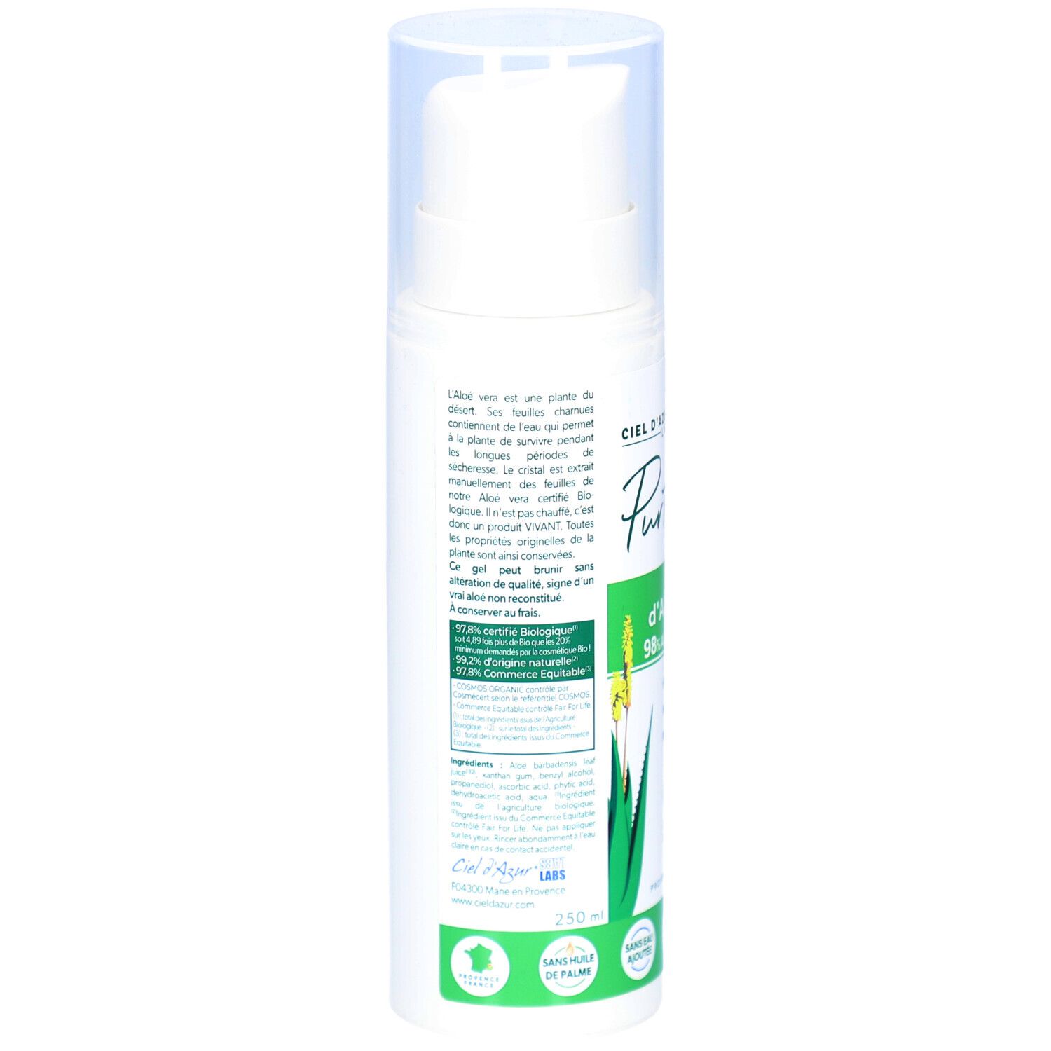 Dos du flacon blanc. Texte sur l'aloe vera et les ingrédients. Logos: Bio, Fair for Life, Made in France, 250ml.