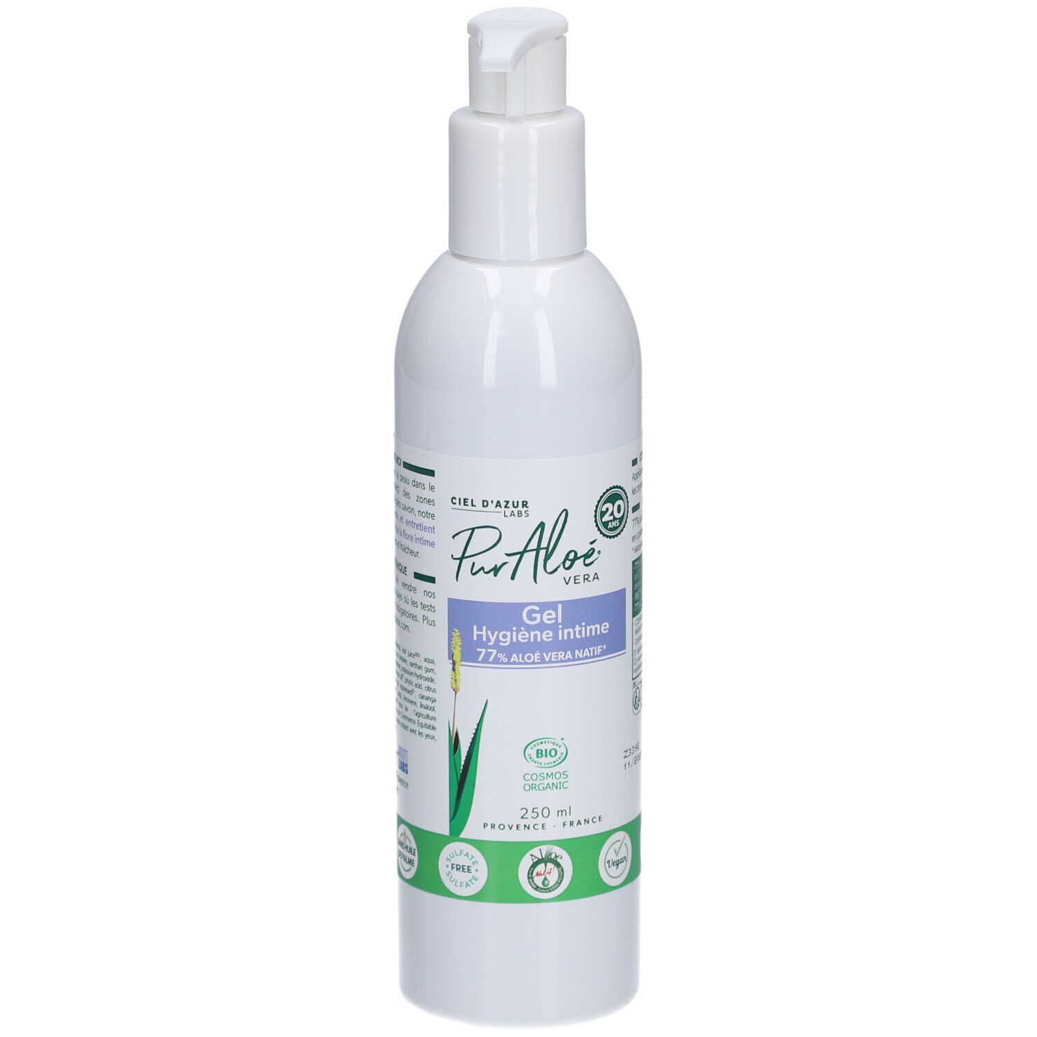 Flacon blanc avec pompe. Inscription: CIEL D'AZUR, PurAloe Vera Gel Hygiène Intime. Certification bio.