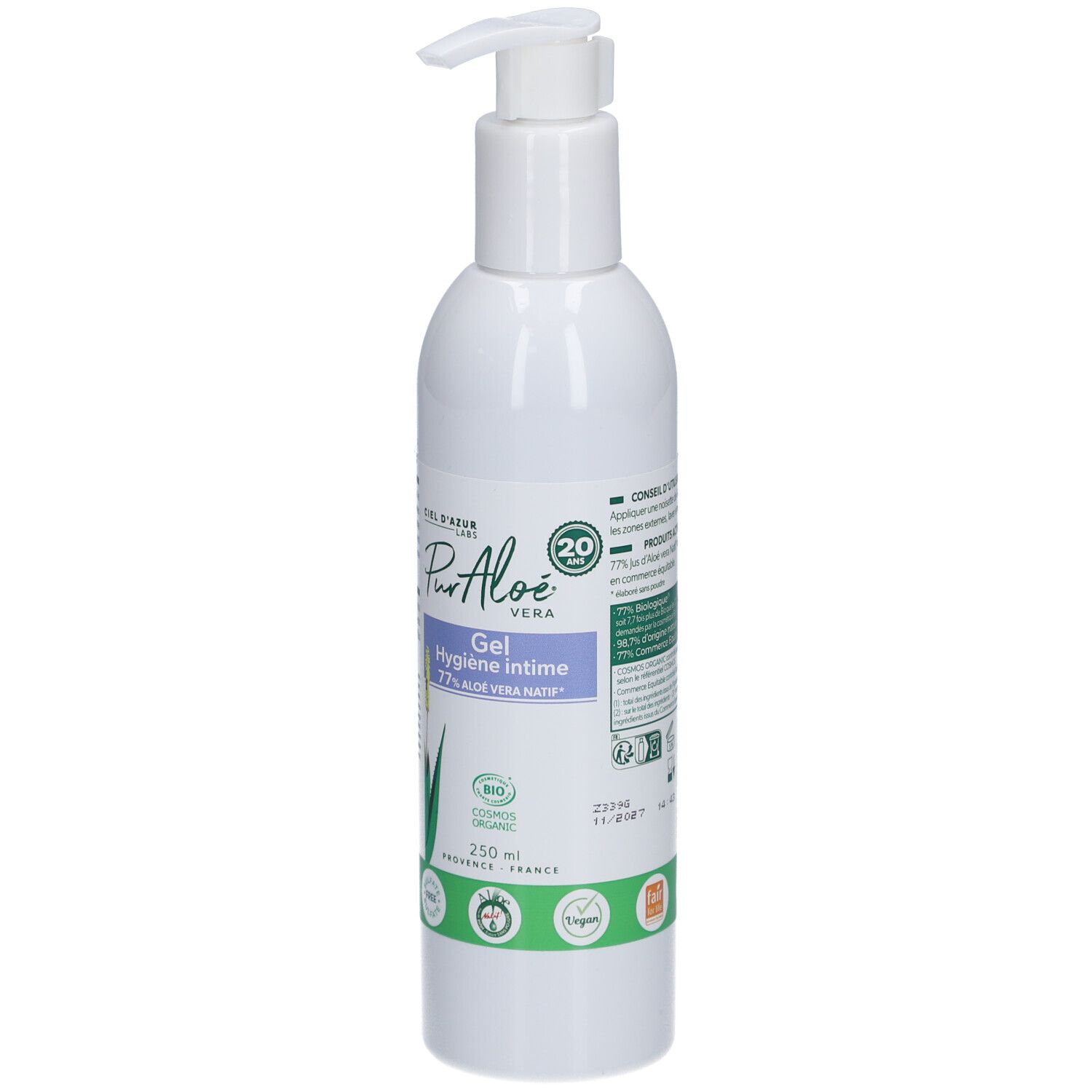 Flacon blanc avec pompe. Inscription: CIEL D'AZUR, PurAloe Vera Gel Hygiène Intime. Certification bio.