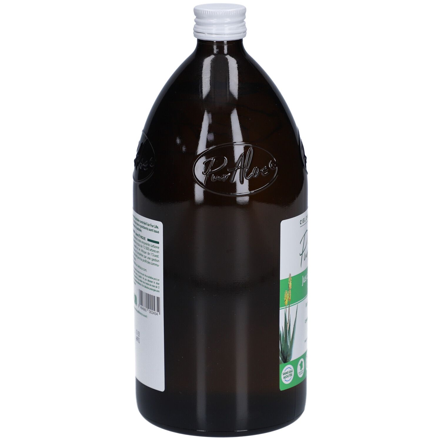 Bouteille en verre brun avec bouchon blanc. Étiquette avec texte. Vue de côté.