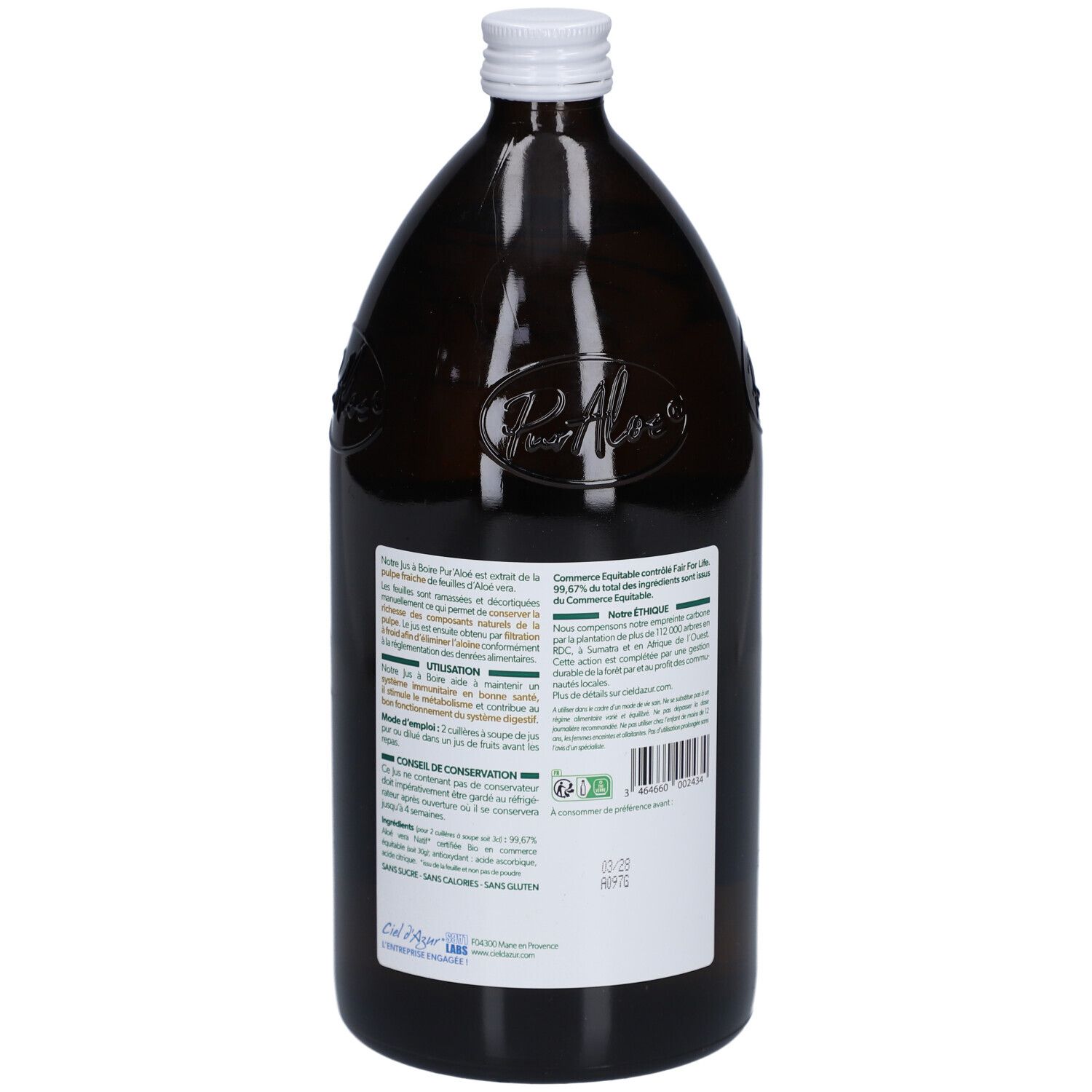 Bouteille en verre brun avec bouchon blanc. Étiquette avec texte. Vue arrière avec informations.