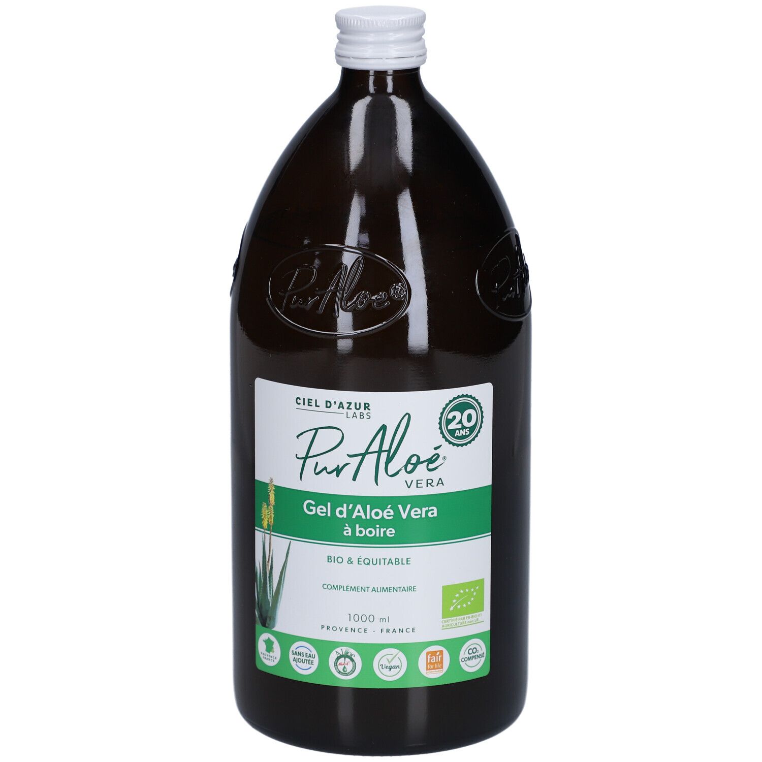 Bouteille en verre brun, bouchon blanc. Étiquette: Gel d'Aloé Vera à boire. Certification bio.